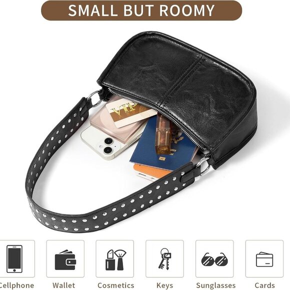 Small Black Leather Crossbody Bag for Women Y2K Studded Trendy Mini Purse - Picture 3 of 9